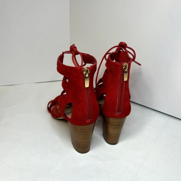 Marc Fisher Red Leather Suede Strappy Lace Heeled Sandals Zip Womens Designer - Picture 5 of 8